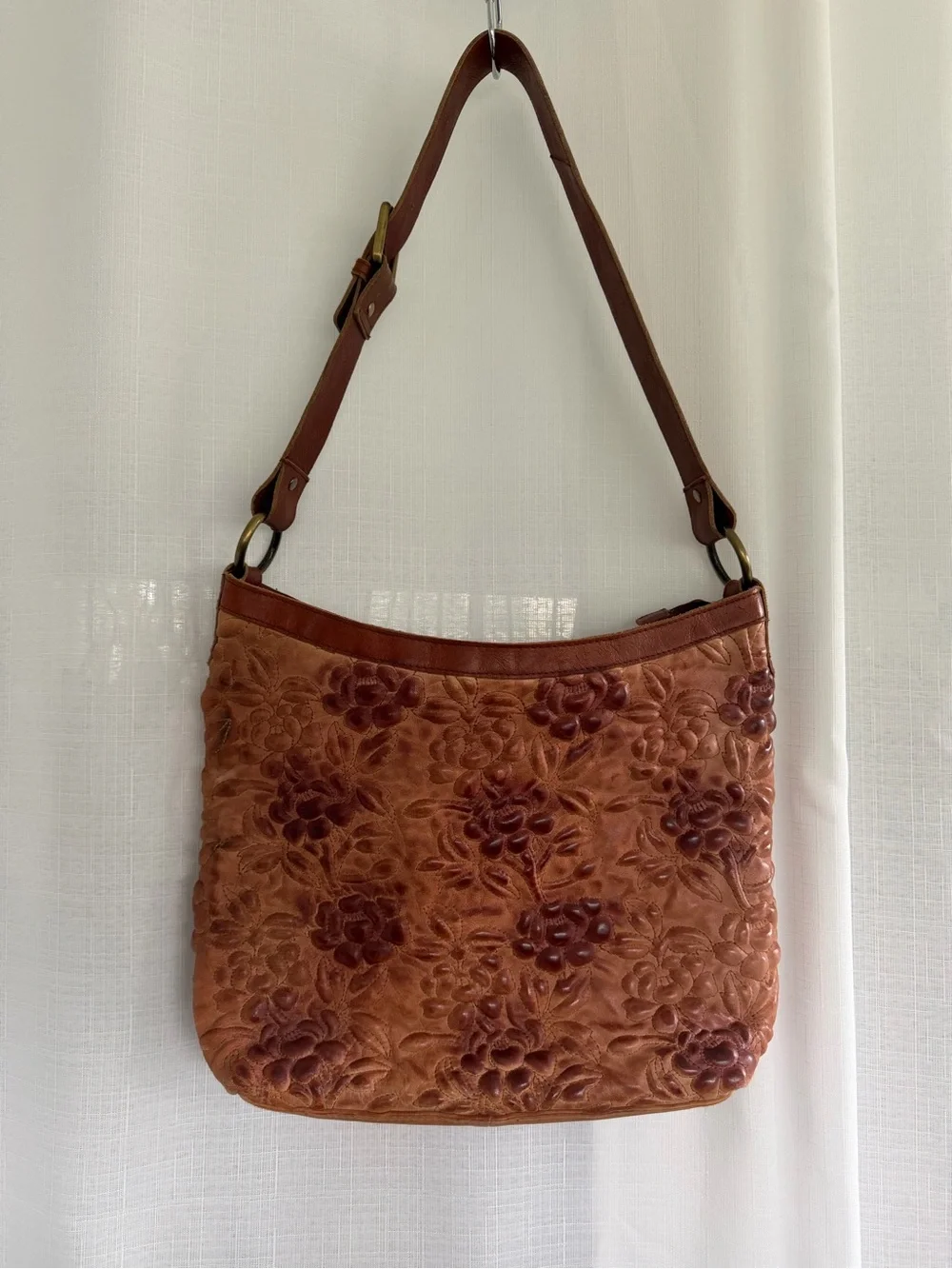 Mo&Co Brown Embossed Leather Floral Shoulder Bag Boho Western Purse